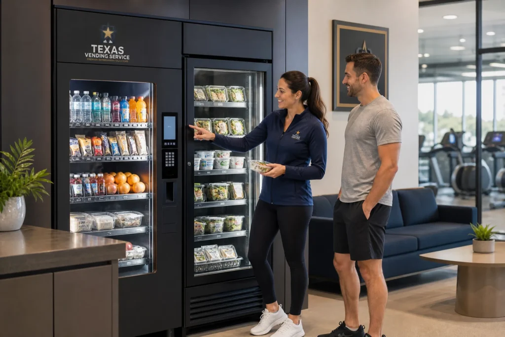 Gym member selecting healthy refreshments from a Texas Vending Service smart vending machine