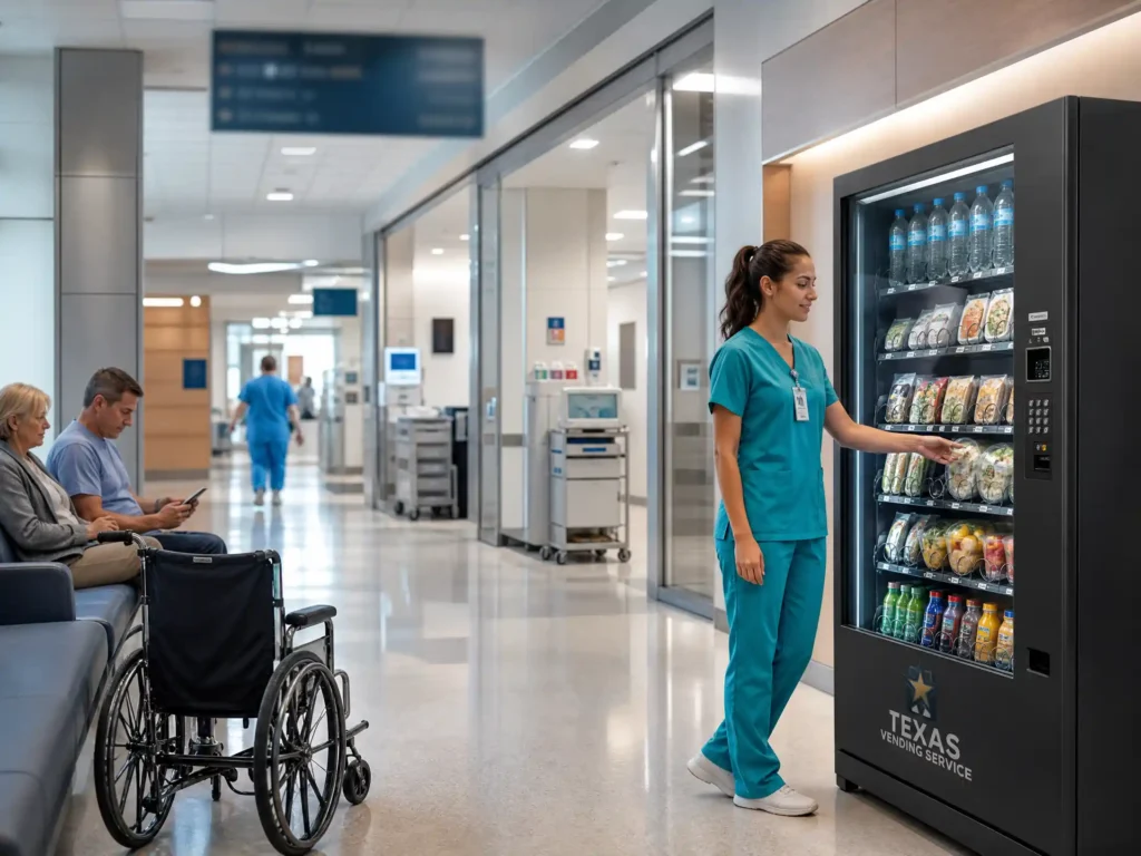 Healthcare worker beside a Texas Vending Service vending machine in a hospital corridor with a patient waiting area and wheelchair