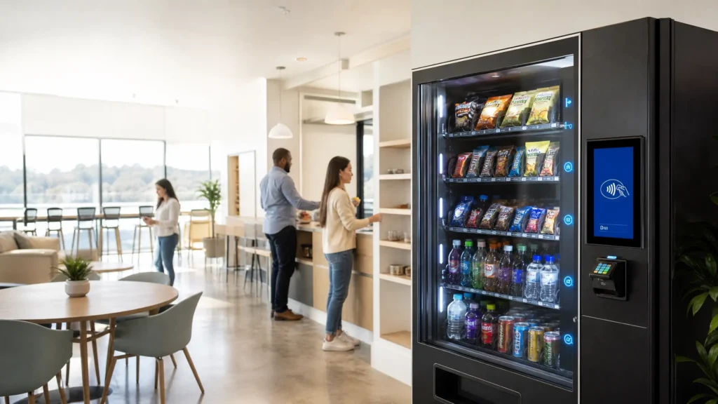 AI-powered smart vending machine with cashless payment technology in a Texas office breakroom